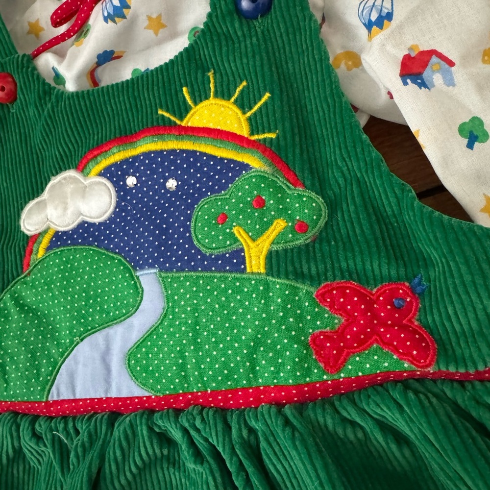 Vintage 80s Green Corduroy Jumper Dress & Printed Blouse Set 3T - Picture 2 of 6